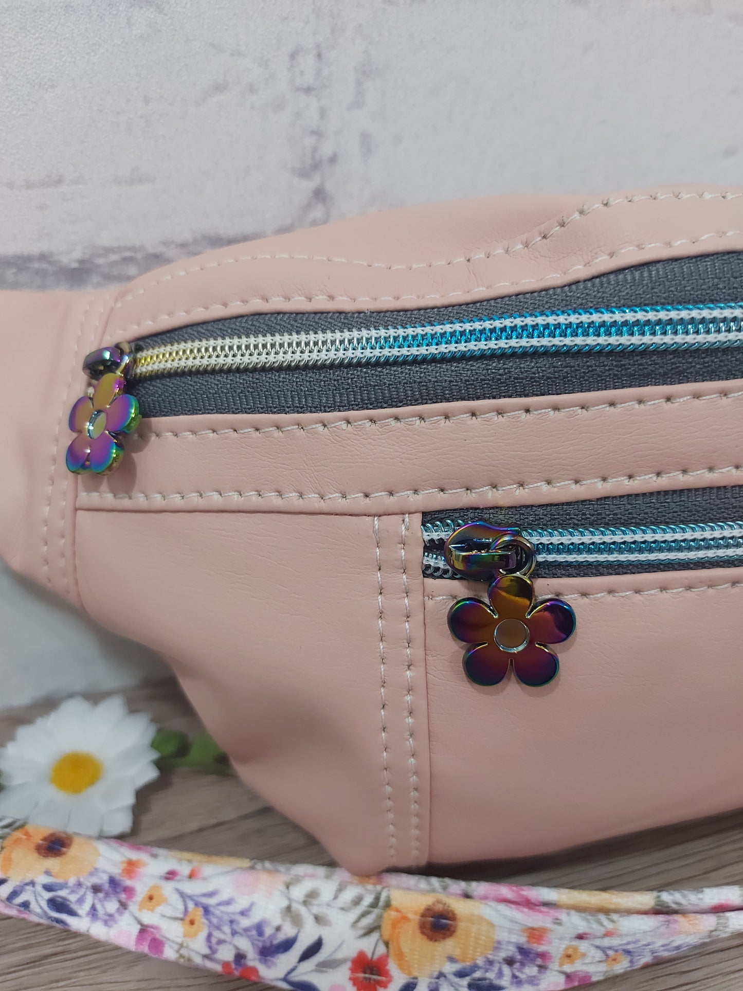 pink leatherette bum bag/ fanny pack with floral patterned strap, festival bag