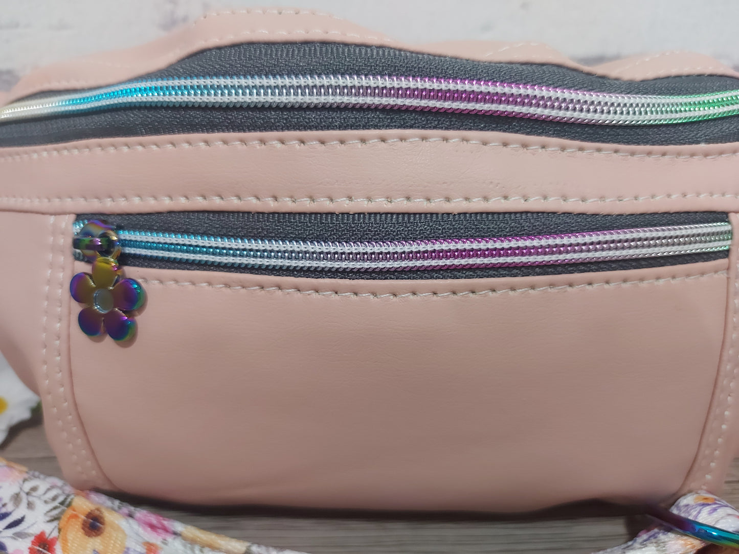 pink leatherette bum bag/ fanny pack with floral patterned strap, festival bag