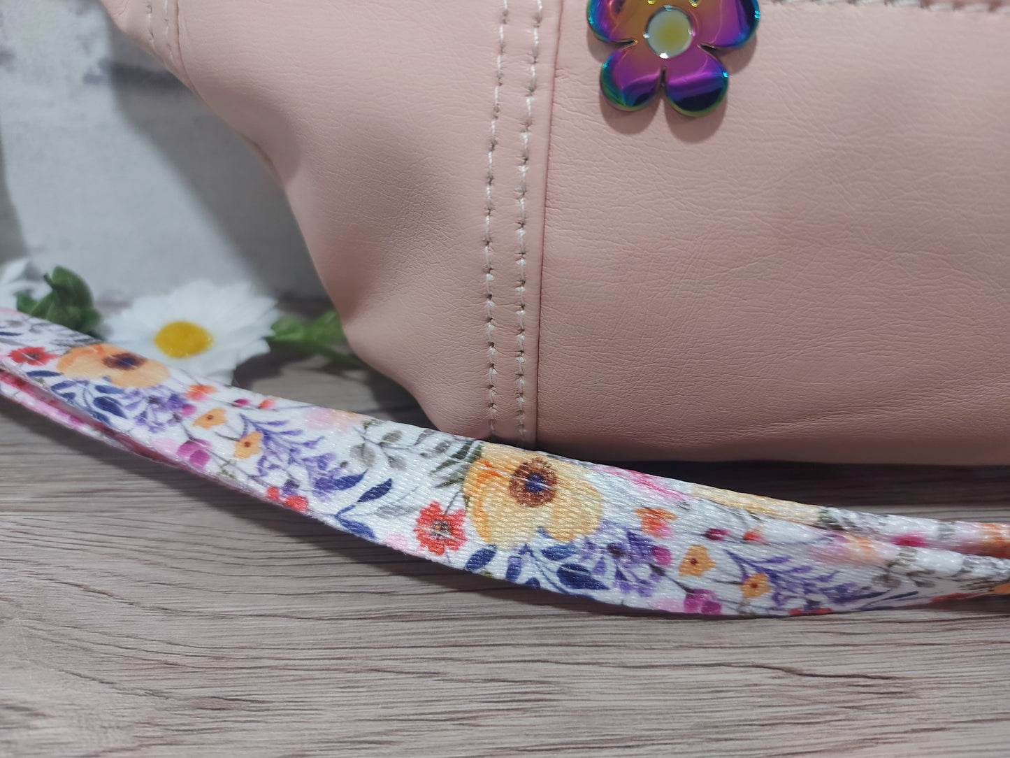 pink leatherette bum bag/ fanny pack with floral patterned strap, festival bag