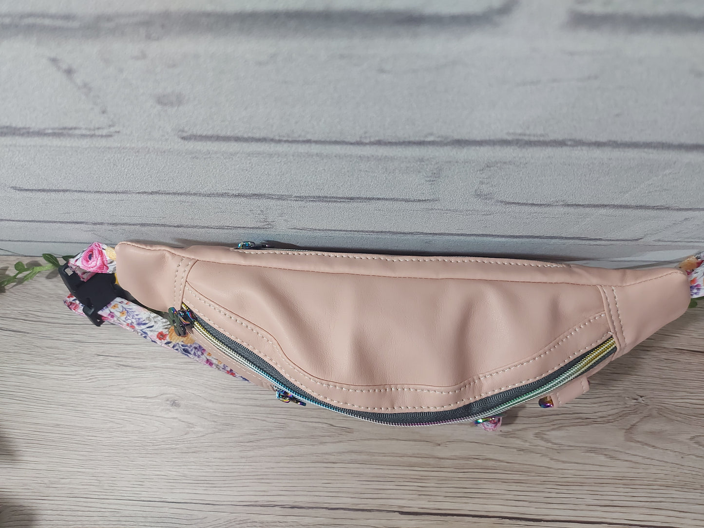 pink leatherette bum bag/ fanny pack with floral patterned strap, festival bag