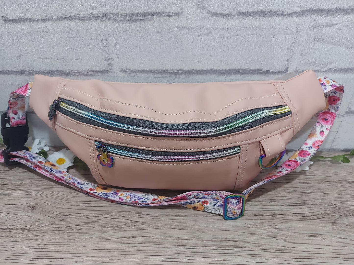 pink leatherette bum bag/ fanny pack with floral patterned strap, festival bag