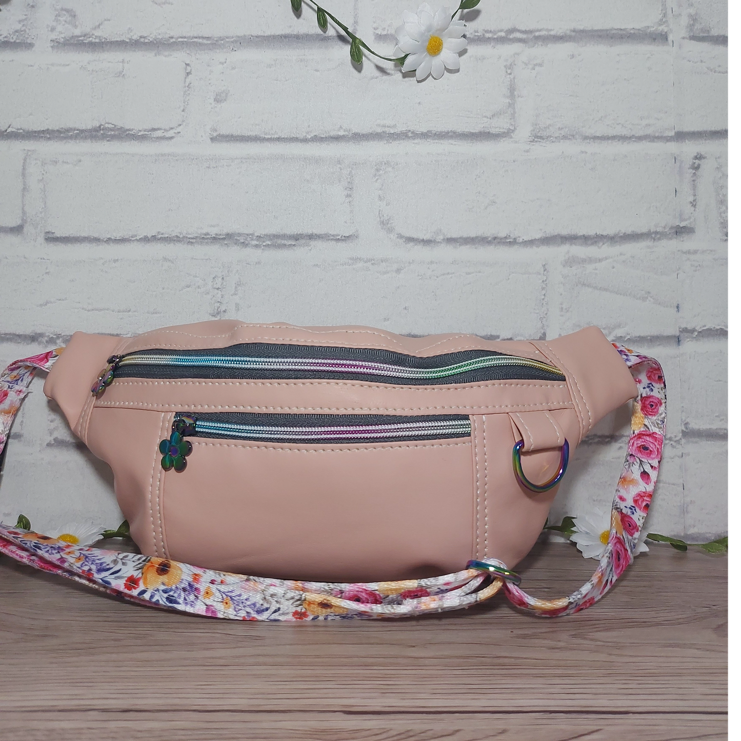 pink leatherette bum bag/ fanny pack with floral patterned strap, festival bag