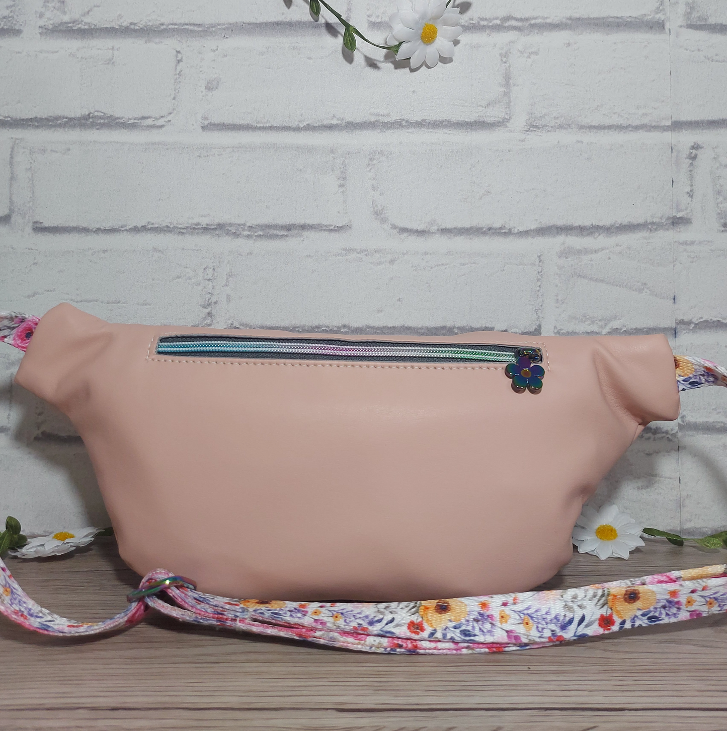 pink leatherette bum bag/ fanny pack with floral patterned strap, festival bag